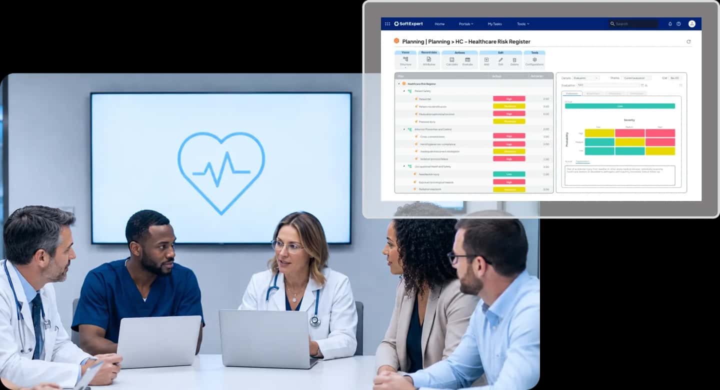 Risk management dashboard displaying a probability-versus-severity risk matrix alongside a hospital team reviewing risks during a meeting.