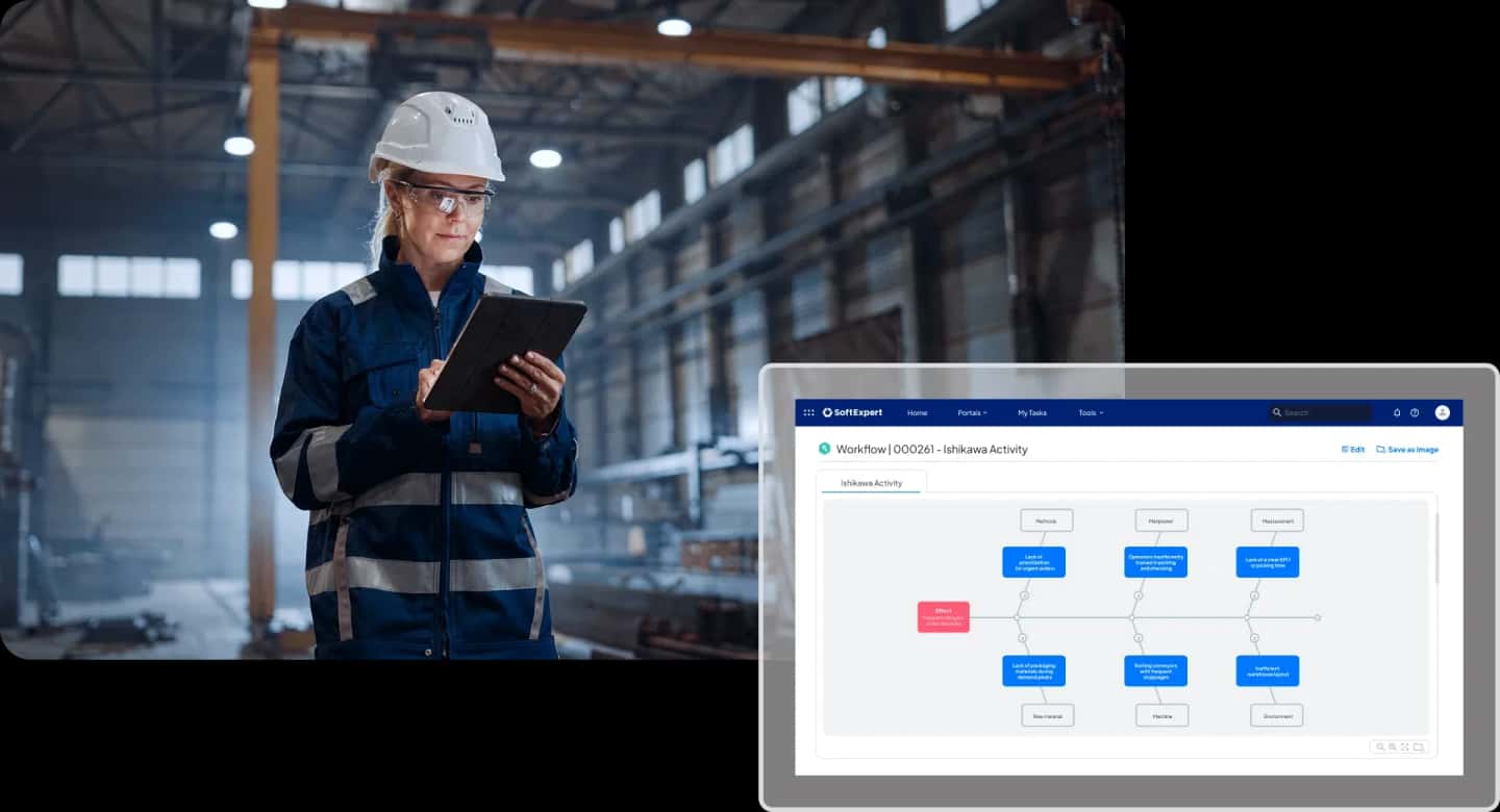Factory worker reviewing production data on a tablet with a digital Ishikawa root cause analysis diagram displayed on screen.