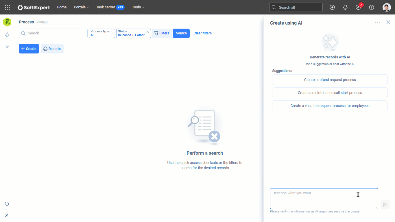 Converti comandi semplici in workflow intelligenti con SoftExpert Copilot. 