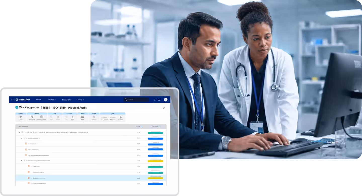 Audit management screen displaying an ISO 15189 medical audit workpaper alongside an auditor and a physician reviewing results on a computer.