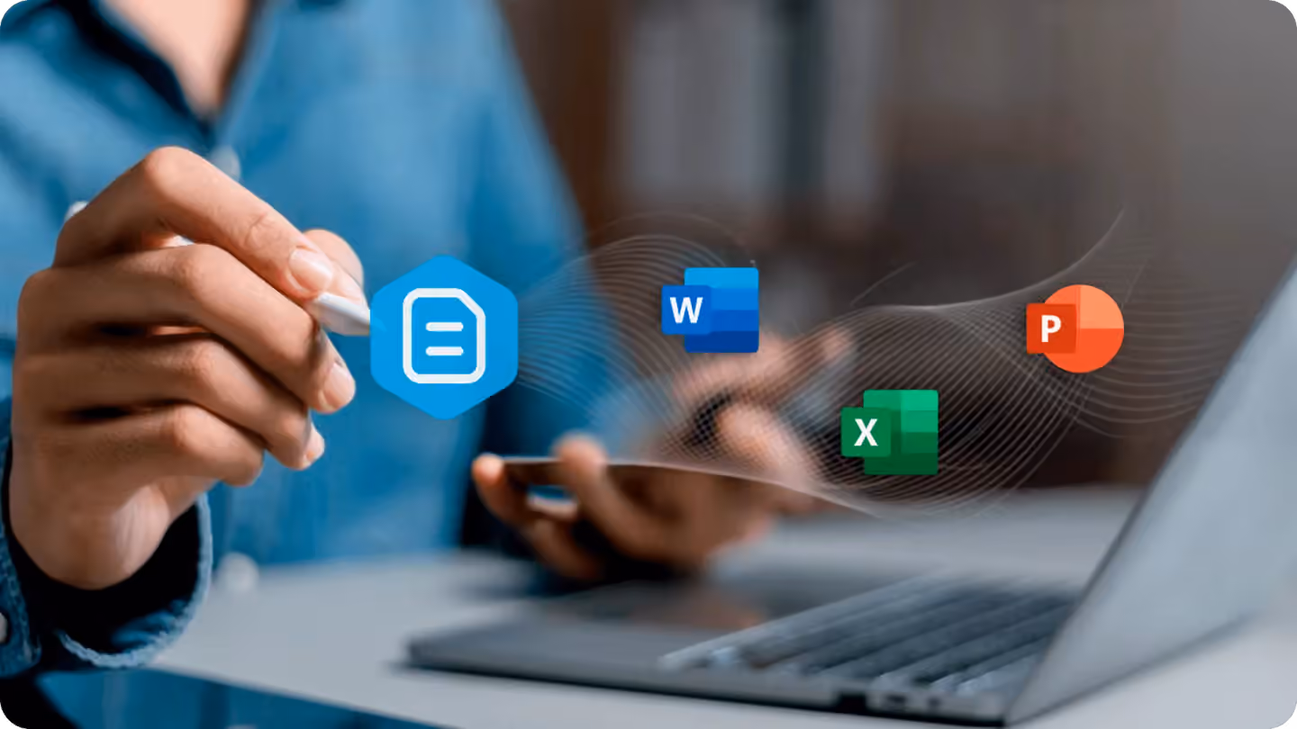 main utilisant un stylet et un smartphone devant un ordinateur portable, avec des icônes numériques de Word, Excel, PowerPoint et gestion documentaire, illustrant des outils de productivité bureautique.