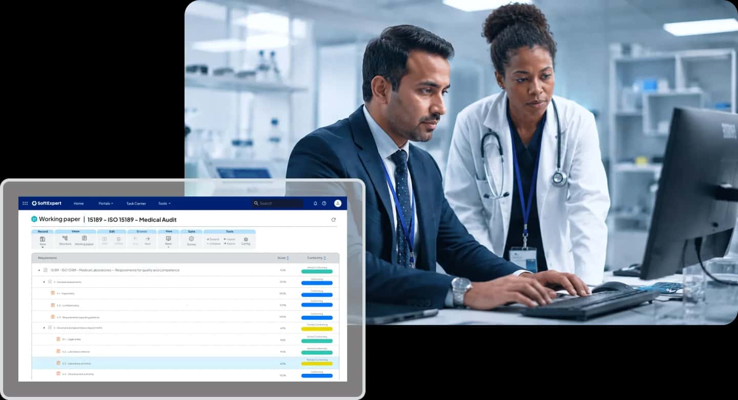 Audit management screen displaying an ISO 15189 medical audit workpaper alongside an auditor and a physician reviewing results on a computer.